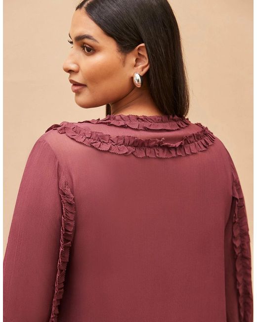 Live Unlimited London Red Burgundy Frill Trim V Neck Blouse