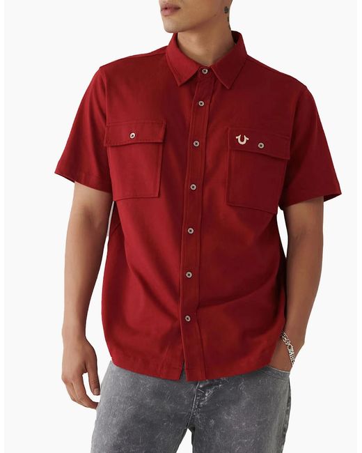 True Religion Red Shirts Short Sleeve Summer Cotton Triple Needle Knit Shirts for men