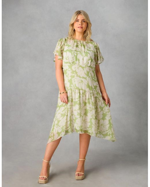Live Unlimited London Yellow Floral Ruffle Sleeve Midi Dress