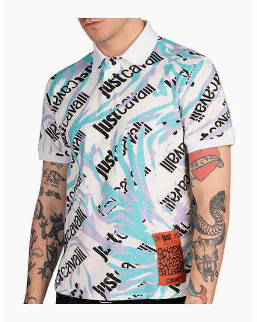 Just Cavalli Blue Camologo Cotton Allover Design Polo Shirt for men