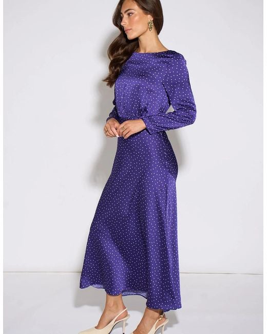Gini London Blue Spot Long Sleeves Satin Midi Dress