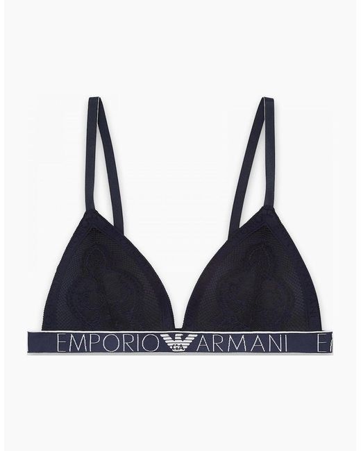 Emporio Armani Blue Logoband Lace Padded Triangle Bra, Marine