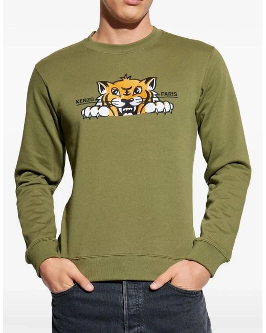 KENZO Green Happy Tiger Embroidered Slim Sweatshirt for men