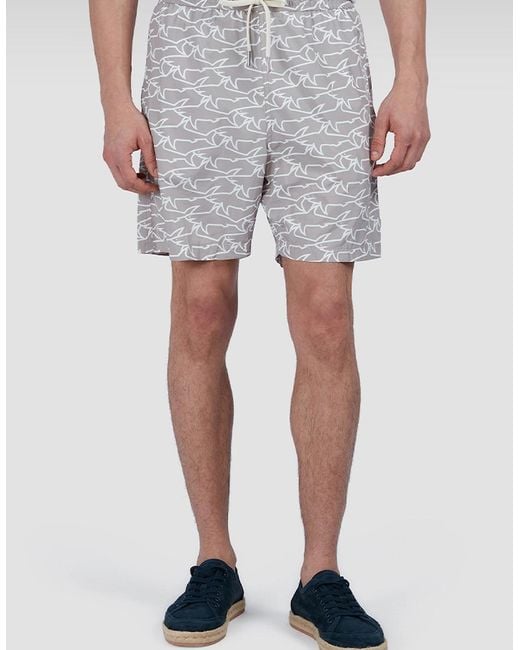 Paul & Shark Gray Swim Shorts With All-Over Shark Print for men