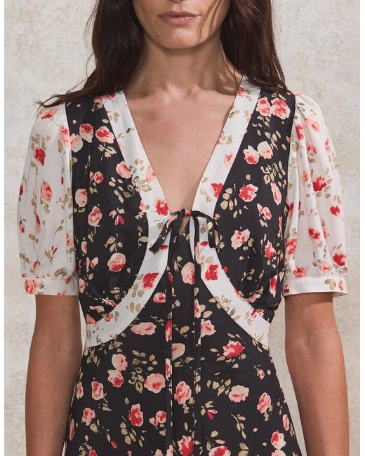 Ro&zo Black Contrast Rose-Print Puff-Sleeve Midi Dress