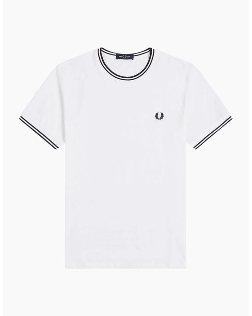 Fred Perry White Twin Tipped T Shirt Crew Neck Short Sleeve Summer Tee for men