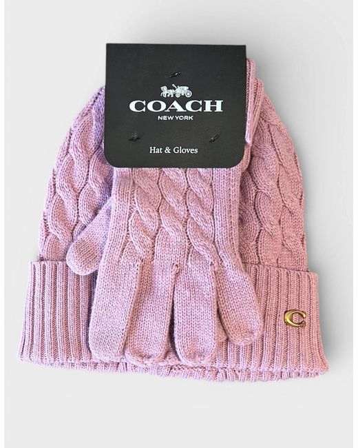 COACH Pink Cable Beanie & Gloves Gift Set Faded