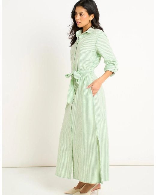 Gini London Green Long Sleeves Seersucker Stripe Shirt Dress