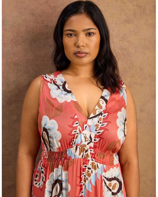 Live Unlimited London Orange Coral Paisley Print Tiered Maxi Dress