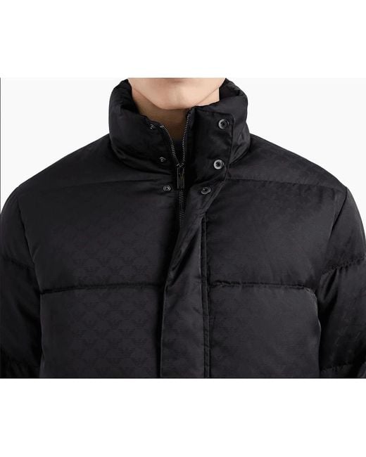 Emporio Armani Blue Quilted Puffer Jacket With All-Over Jacquard Eagle for men