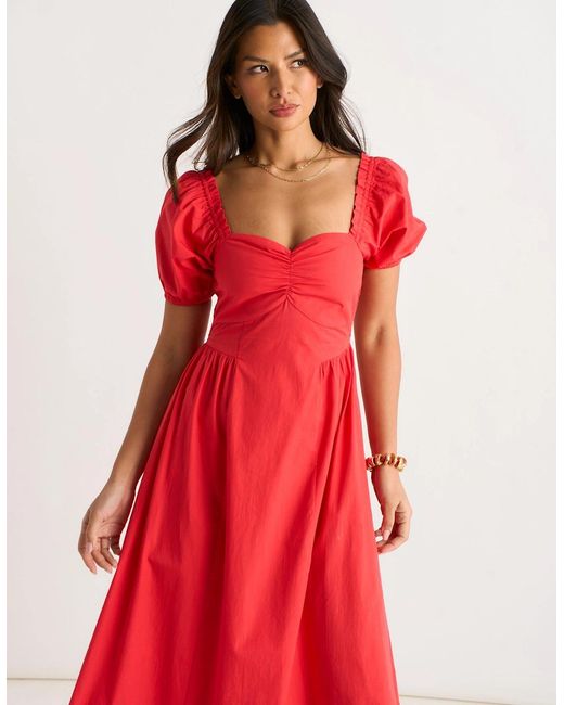 Gini London Red Gypsy Puff Sleeves Cotton Midaxi Dress