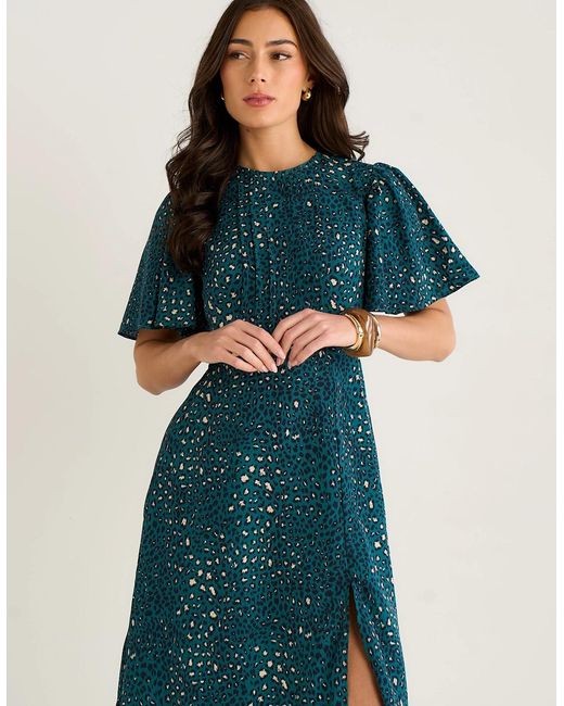 Gini London Blue Animal Print Smock Tiered Midi Dress