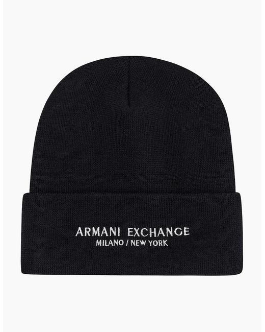 ARMANI EXCHANGE Black Embroidered Logo Thick Beanie Hat for men