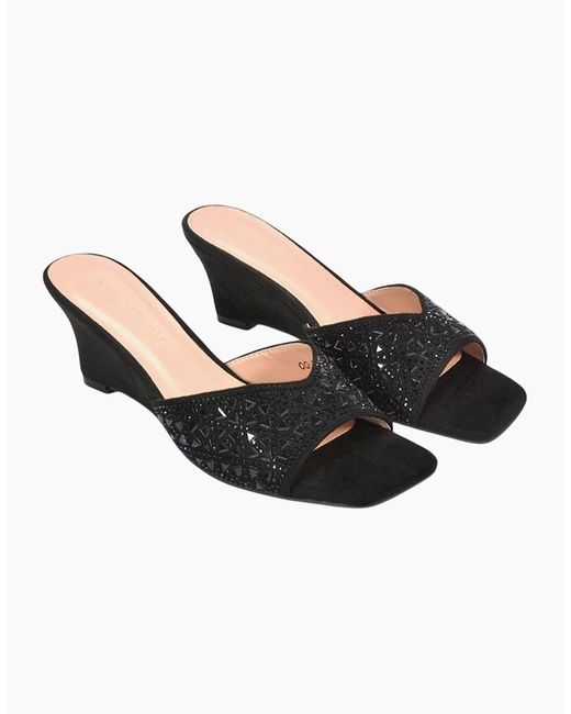 XY London Black Ladies Georgia Diamante Heeled Mule Sandals