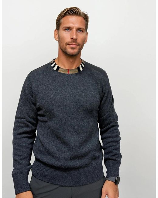 Burberry Blue 'Noland' Knitted Wool/ Cashmere Jumper Check Neck Charcoal for men