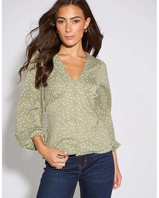Gini London Green V Neck Spot Print Button Front Blouse