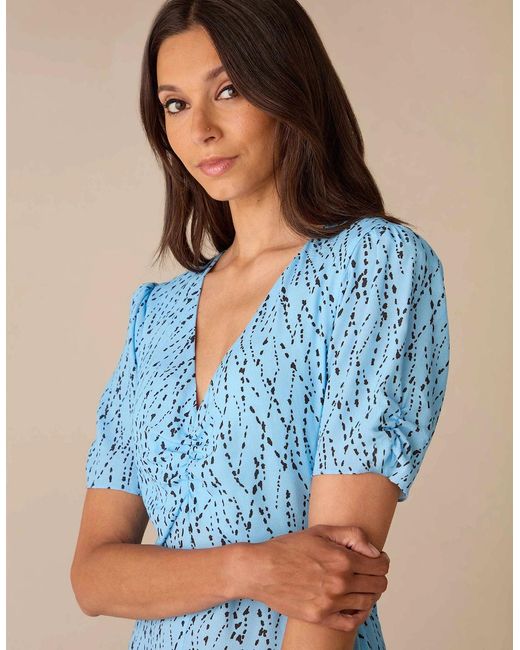 Ro&zo Blue Dash Print Ruched Front Midi Dress