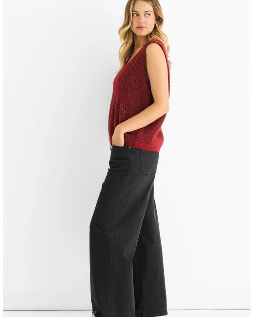Gini London Red Sequin Sparkle V Neck Vest Knit Jumper