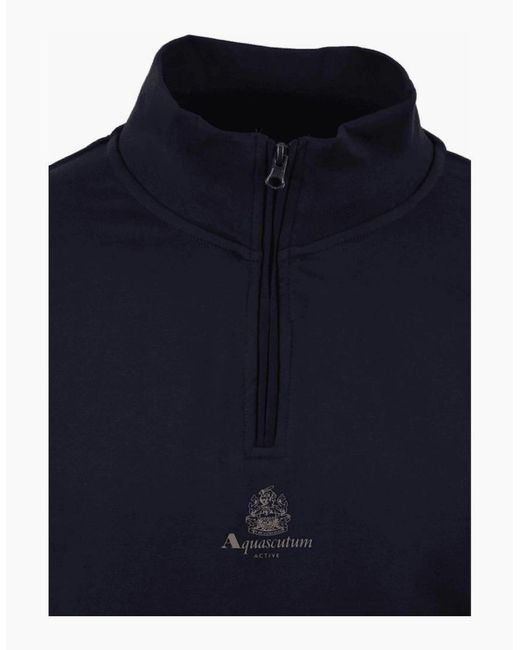 Aquascutum Blue Cotton Crest Logo Quarter Zip Sweatshirt for men