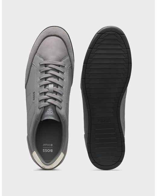Boss Gray Boss Nitan Suede-Trim Trainers With Ribbed Sole for men