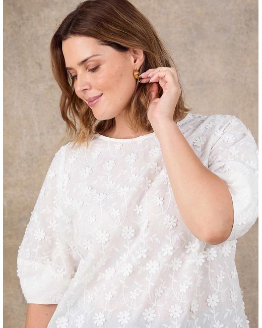 Live Unlimited London White Floral Embroidered Puff Sleeve Blouse
