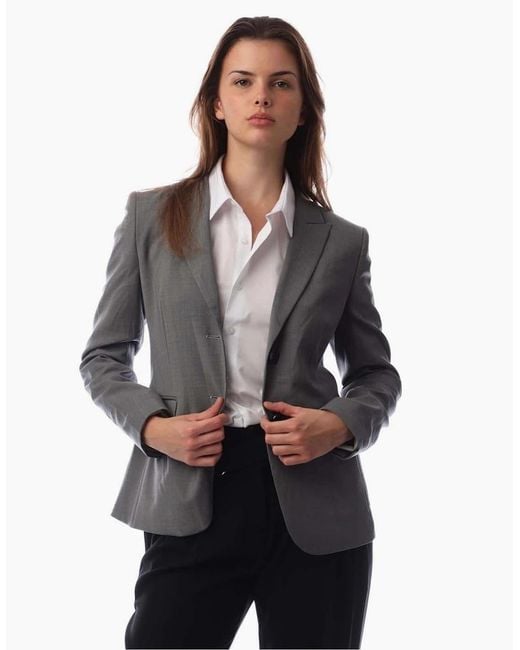 Boss Gray Solid Patterned Lapel Collared Blazer