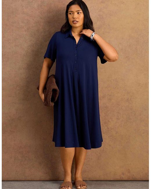 Live Unlimited London Blue Half Placket Jersey Midi Shirt Dress
