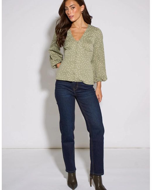 Gini London Green V Neck Spot Print Button Front Blouse