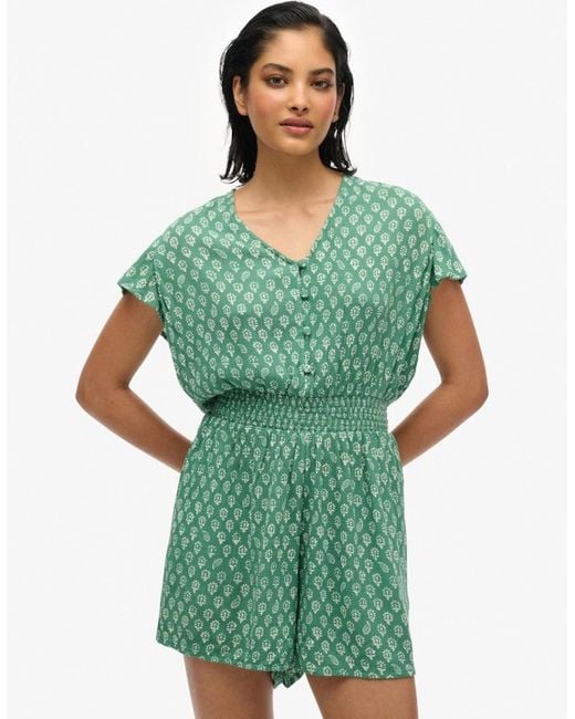 Superdry Green Short Sleeve Printed Playsuit Floral Block