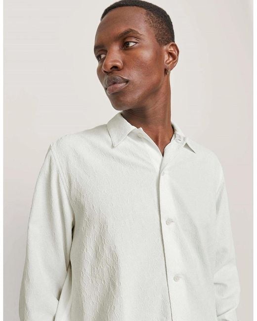 Jack & Jones White Jacquard Collared Neck Long Sleeve Shirt for men