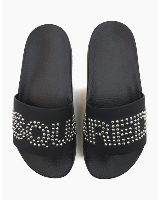 DSquared² Black Dsq2 Stud Logo Leather Sliders for men