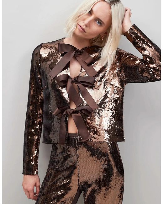Ro&zo Brown Chocolate Bow Front Sequin Jacket
