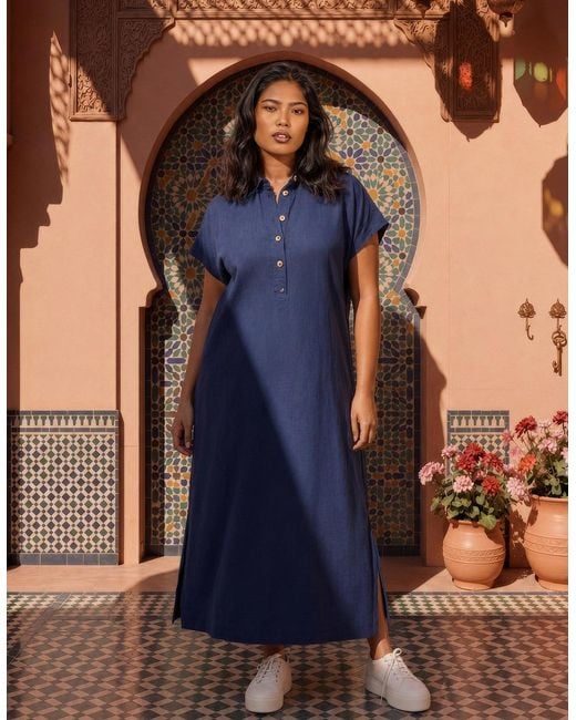 Live Unlimited London Blue Linen Blend Button Front Midaxi Shirt Dress