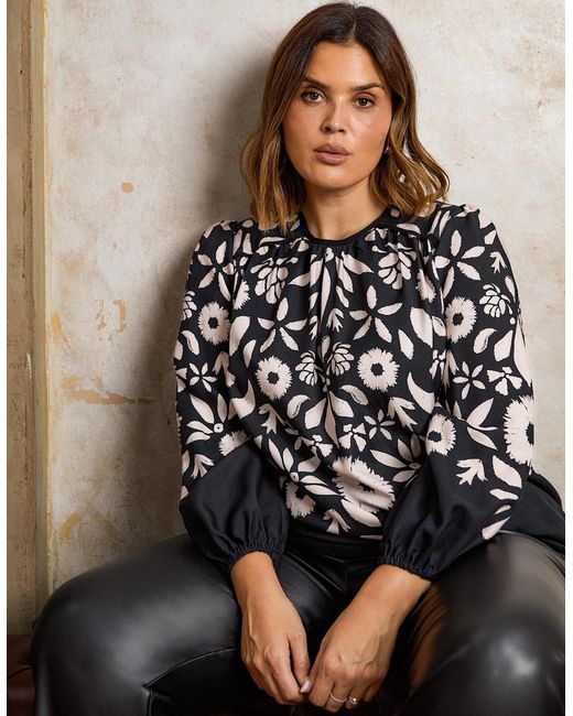 Live Unlimited London Black Graphic Floral Placement Blouse
