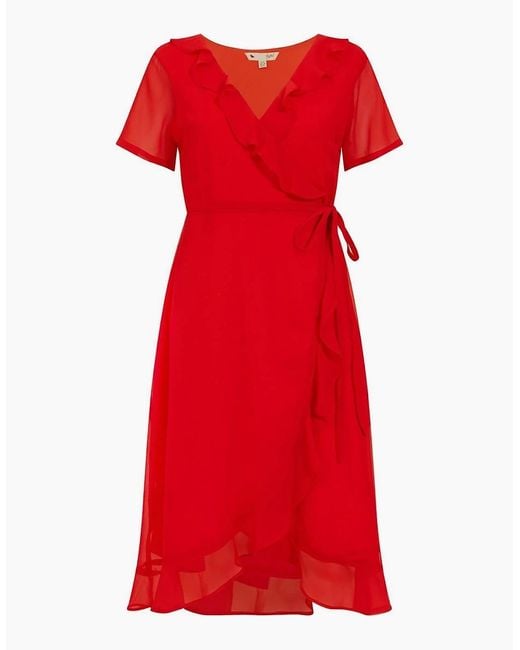 Yumi' Red Frill V-Neck Midi Wrap Dress