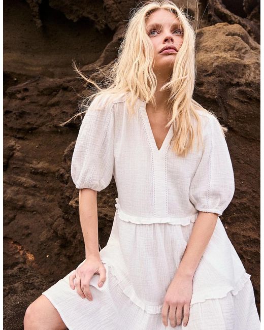 Ro&zo White Ivory Cheesecloth Frill-Detail Mini Dress