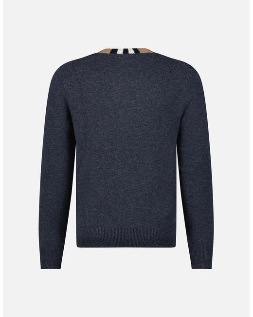 Burberry Blue 'Noland' Knitted Wool/ Cashmere Jumper Check Neck Charcoal for men