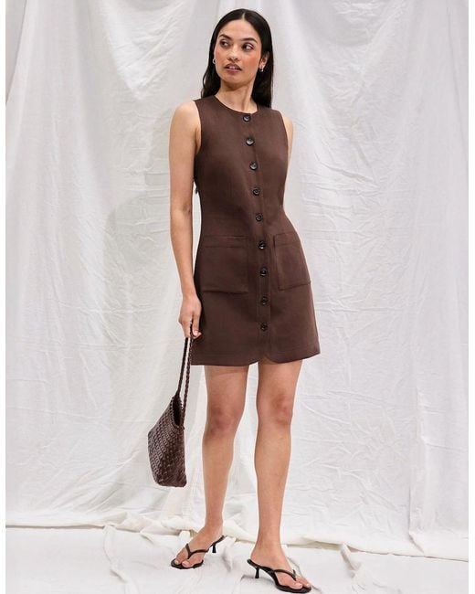 Ro&zo Brown Petite Chocolate Button Through Dress With Linen