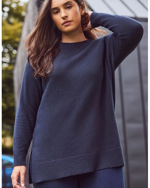 Live Unlimited London Blue Wool-Blend Longline Crew Neck Knit Jumper