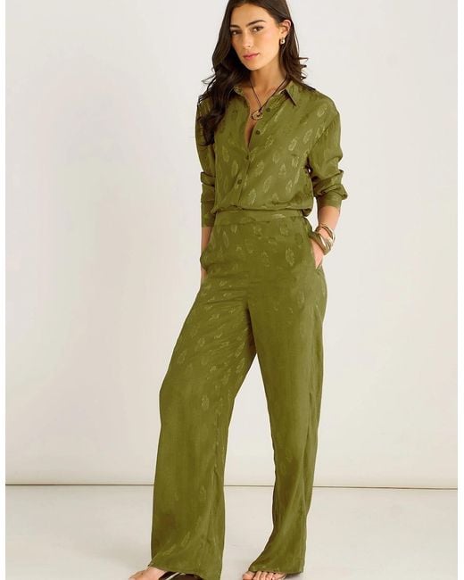 Gini London Green Khaki Floral Satin Jacquard Trousers