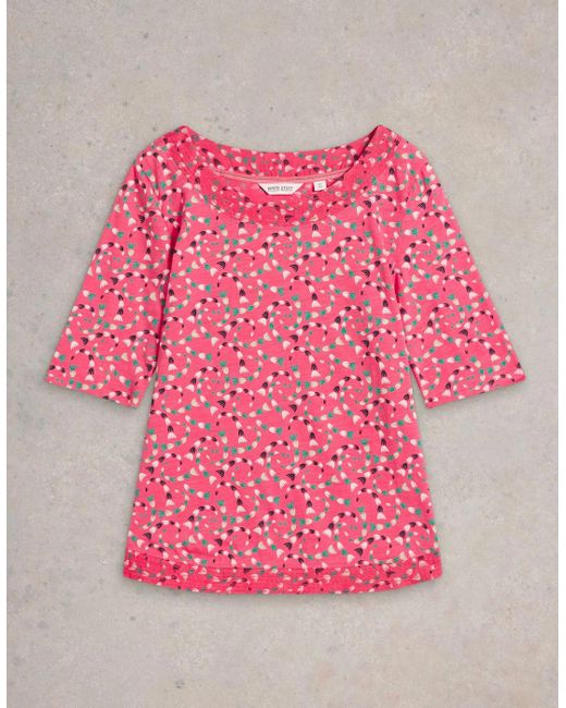 White Stuff Pink Weaver Jersey Tee Coral Print