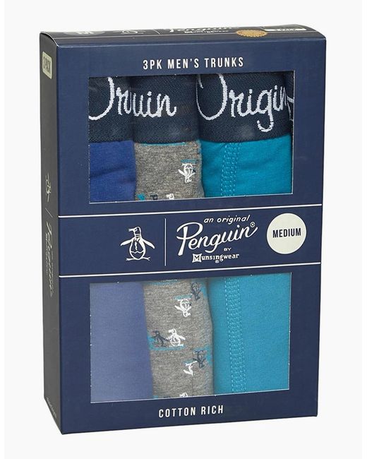 Original Penguin Blue Trunks Assorted 3 Pack Boxer Stretch Soft Cotton Underwear for men