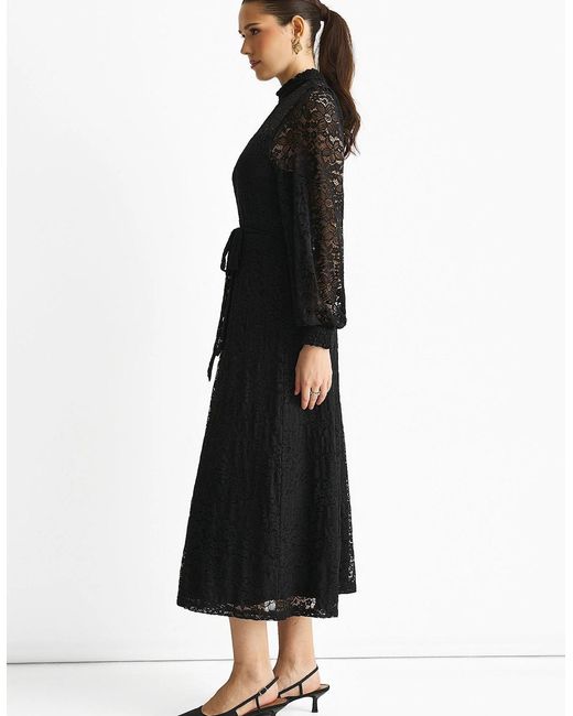 Gini London Black High Neck Jersey Lace Occasion Midi Dress