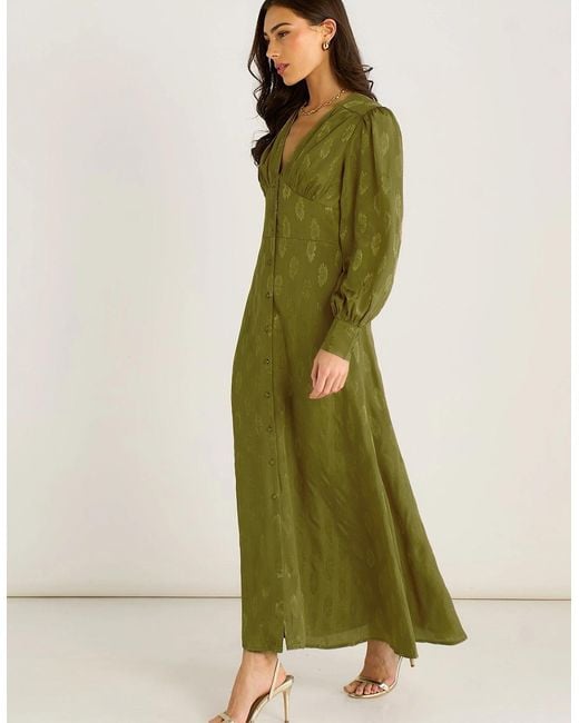 Gini London Green Long Sleeve Floral Satin Jacquard Maxi Dress