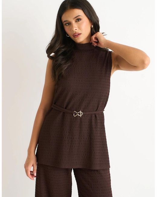 Gini London Brown Chocolate Textured Belted Sleeveless Jersey Tabard Top