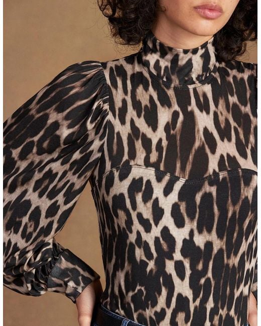 Ro&zo Black Leopard-Print Puff-Sleeve Bodysuit