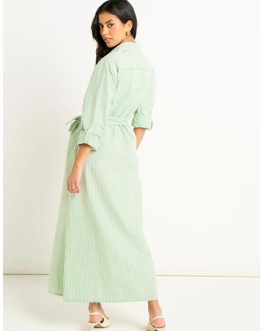 Gini London Green Long Sleeves Seersucker Stripe Shirt Dress