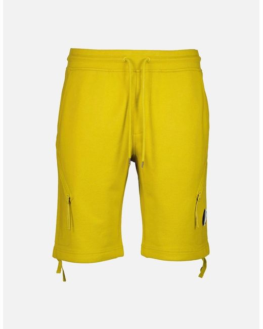 C P Company Yellow Diagonal Fleece Lens Sweat Shorts for men