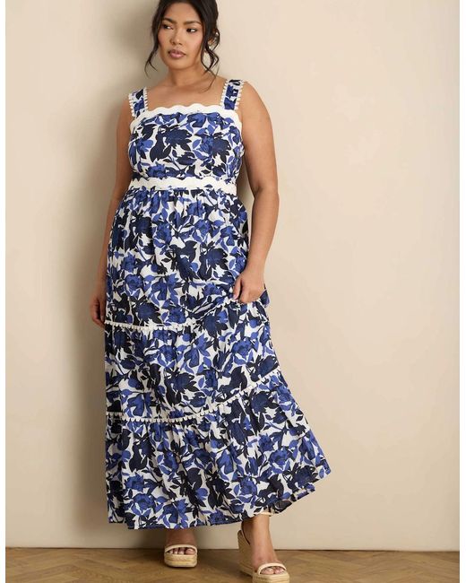 Live Unlimited London Blue Cotton Floral Print Tiered Maxi Dress