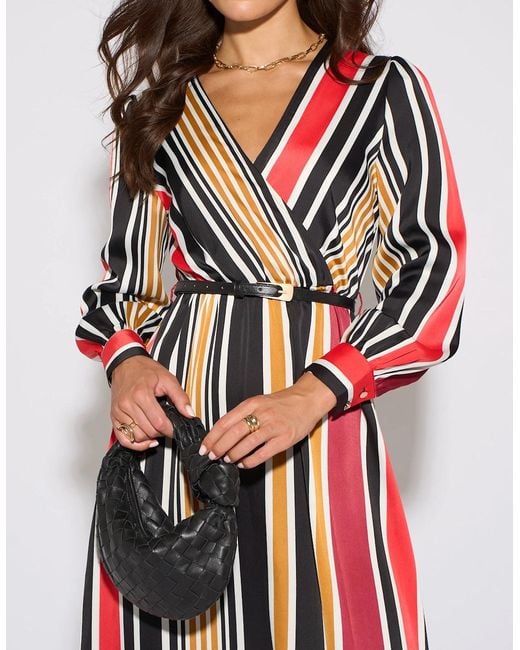 Gini London Red Multi Stripe Satin Wrap Midaxi Dress